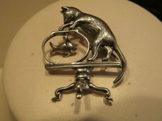 Jezlaine Rare Vintage Sterling Silver Cat Fish Bowl On Table Brooch