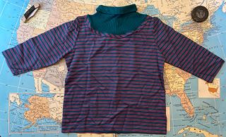 Vtg 60s 70s Shirt Blouse Striped 3/4 Sleeve Big Neck Collar 100 Cotton Rare Med