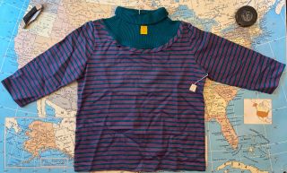 VTG 60s 70s Shirt Blouse Striped 3/4 Sleeve Big Neck Collar 100 Cotton Rare Med 2