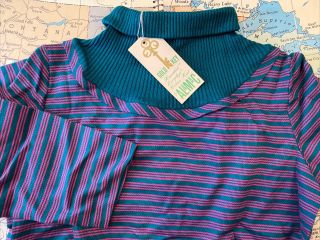 VTG 60s 70s Shirt Blouse Striped 3/4 Sleeve Big Neck Collar 100 Cotton Rare Med 3