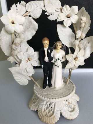 Vintage Rare 1940’s Chalkware Bride And Groom Cake Topper & Silk Flowers 7”
