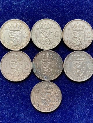Netherlands 7 X 1 Gulden Juliana,  Very Rare Silver World Coins,  Not Scrap