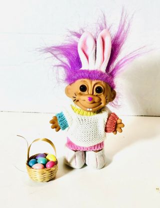 Easter Sweater Bunny / Rabbit With Basket - 5 " Russ Troll Doll - Rare