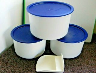Tupperware Canisters White / Bold Blue Seals Rare Sizes 8 & (2) 5 Cups,  Scoop