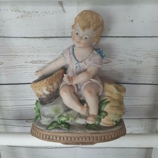 Vintage Bisque Rare Double Planter Piano Baby Girl On Rocks,  Cute,  Porcelain