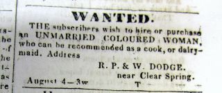 Rare 1841 Hagerstown Maryland Newspaper W Ad Female Slave Wanted To Buy