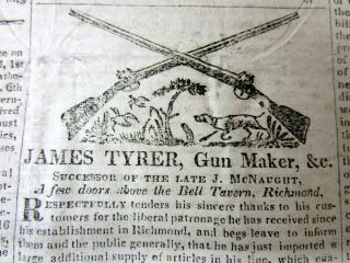 Rare1827 Richmond Virginia Newspaper W Illustrated Gun Maker Ad Showing Firearms