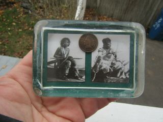 Paperweight Native American Indians Photo With 1893 Indian Head Penny Rare
