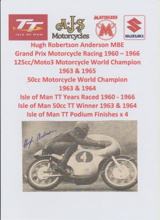 Hugh Anderson Motorcycle Racer 1960 - 1966 Iomtt Rare Hand Signed Picture