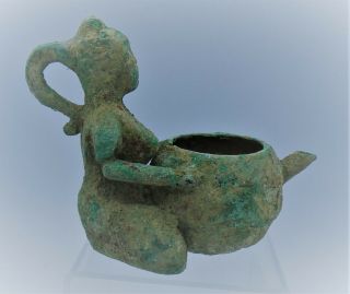 Rare Ancient Near Eastern Bronze Ceremonial Vessel Woman Holding Offering