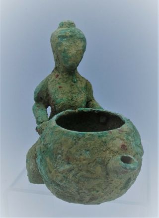 RARE ANCIENT NEAR EASTERN BRONZE CEREMONIAL VESSEL WOMAN HOLDING OFFERING 2