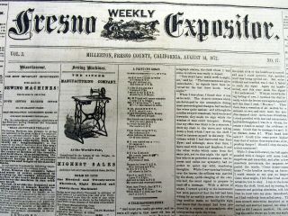 Rare 1872 Fresno Expositor Newspaper California San Joaquin Valley Ca