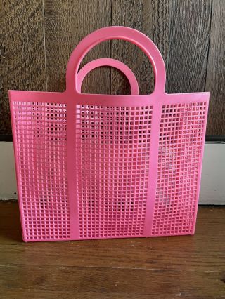 Rare Vintage Large 60s Pink Lattice Plastic Beach Bag Tote Market Basket Mcm