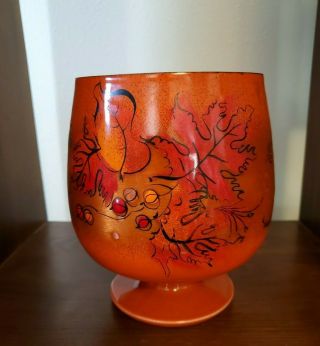 [rare] Sascha Brastoff Orange Copper Enamel Snifter Vase Botanical Images 7 "