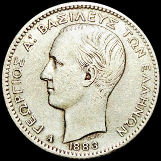 Greece - George I - 1 Drachma 1883 - Rare Silver Coin Grc2