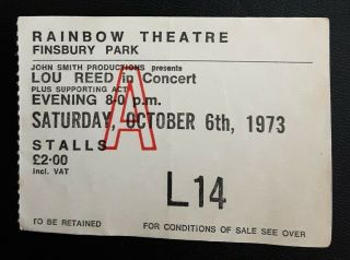 Rare Lou Reed Concert Ticket From London Rainbow Theatre 6th October 1973