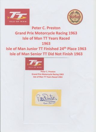 Peter Preston Motorcycle Racer 1963 Iomtt Rare Hand Signed Cutting