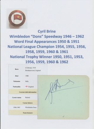 Cyril Brine & Gerald Jackson Wimbledon Dons Speedway 1950s Rare Autographes
