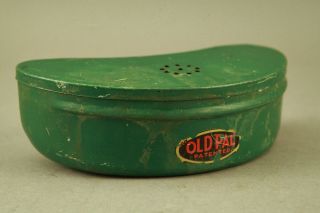Vintage Old Pal Fishing Live Bait Belt Tin Green Metal Rare Decal