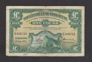 1 Pound Vg - Fine Banknote From Gibraltar 1954 Pick - 18 Rare
