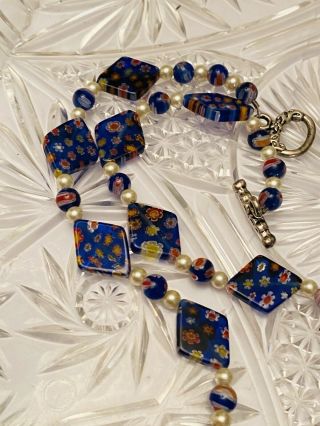Vtg Art Deco Millefiori Glass Necklace Rare Beaded Venetian Murano Cobalt Blue