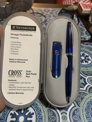 Vintage Rare Blue Victorinox Swiss Army Pocket Knife & Cross Solo Ball Pen Set