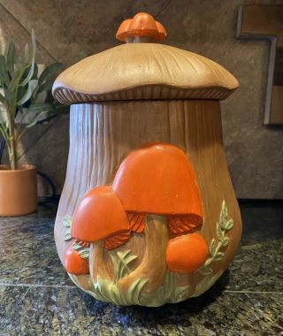 Rare Vintage Tree Stump Mushroom Cookie Jar Canister Ceramic Pottery Brown