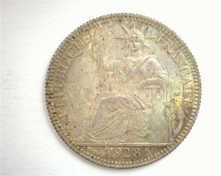 French Indo China 1923 Silver 10 Centimes Near Gem Uncirculated Rare This
