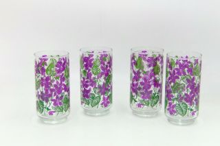 4 Rare Libbey Glass Violet Flower 16oz 1960 