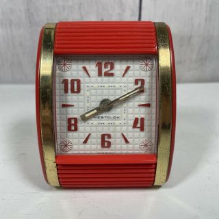 Vintage Westclox Travel Alarm Clock Roll Top Usa Red W Gold Trim Rare Color Mcm