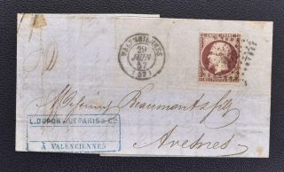 France 1857 Imperf 80 Cent Napoelon On Rare Cover Valenciennes To Avesnes Look