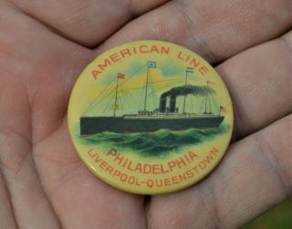 Rare Button Pocket Mirror American Line Ship 1899 - 1905 Cruise Advertiser