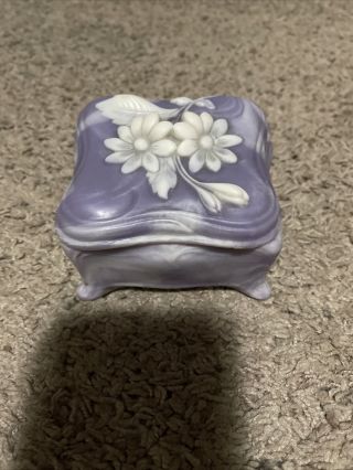 Incolay Stone Purp Jewelry Box Flowers Inlay Hinged Lid Usa Lined Rare