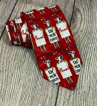 Rare Chick - Fil - A Cow " Eat Mor Chikin " Red Holiday Christmas Neck Tie 60 " X 3.  75 "