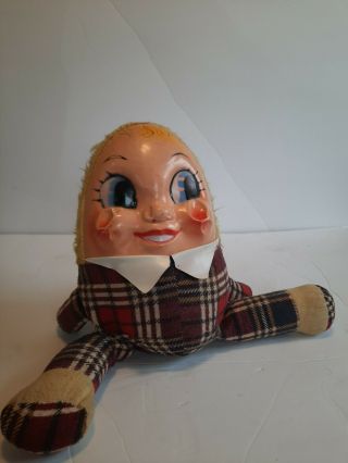 Vintage Humpty Dumpty Plush Stuffed Doll Knickerbocker 1950s Rare Plastic Face