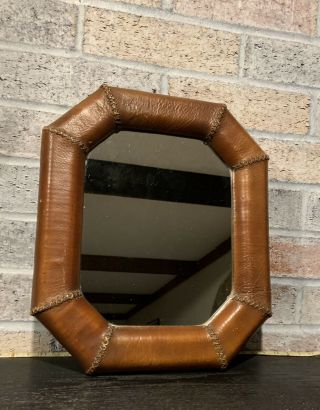 Vtg 70’s Lucid Lines Octagon Mirror 8”x10” Faux Leather Frame 1976 Rare Item