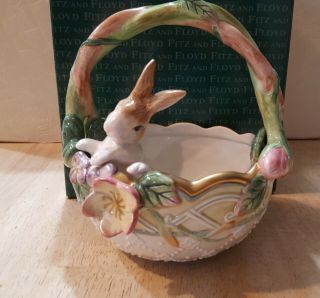 Fitz And Floyd “garden Rhapsody” Rabbit Small Basket - Retired And Rare
