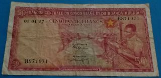 1957 Rwanda Ruanda Urundi Belgian Congo 50 Franc Rare Banknote Currency Money