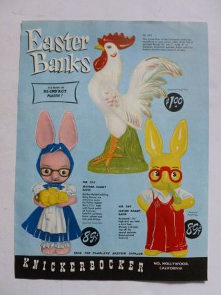 Rare Vtg 1954 Dealer Ad Knickerbocker Easter Bank Mr.  Mrs.  Rabbit Bunny Rooster
