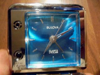 Vintage Rare Blue Bulova Quartz Lite Travel Alarm Clock Silver Japan