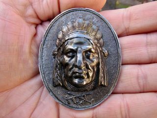 Vtg Indian Chief Belt Buckle 1973 Wyoming Savage Rifle Lind Tomahawk Rare Vg,