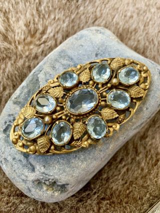 Rare Art Deco Blue Faceted Rhinestone Gold Metal Leaf Brooch