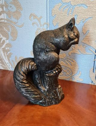 Rare Heredities Cold Cast Bronze Figurine Of Squirrel On A Tree Stump