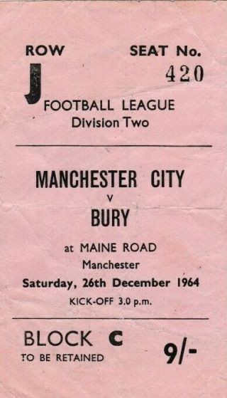 Rare Football Ticket Manchester City V Bury Boxing Day 1964