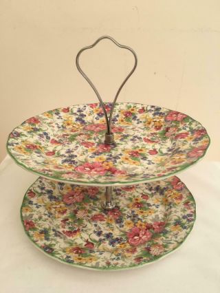 Rare Vintage English Midwinter Chintz Two Tier Cake Stand