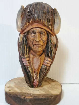 Native American Indian Chief Face 6.  5 " Carved Tree Statue 1993 Rare
