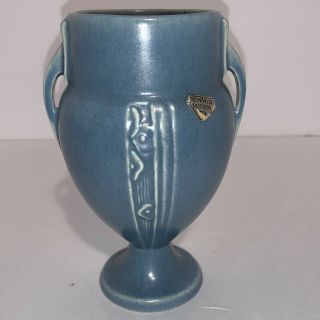 Rare Vintage Roseville Pottery Modern Double Handled Vase 787 - 6 Blue.  Read Desc