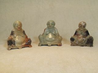 Group Of 3 Rare Soapstone Carved Buddha Buddah On Carved Stone Bases
