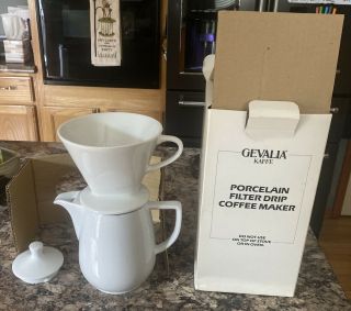 Gevalia Porcelain 6 Cup Pour Over Coffee Maker Pot Kaffe 3 Piece Cone Style Rare