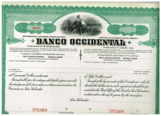 Banco Occidental,  El Salvador,  Specimen,  Top Rare,  Single Piece Vf,